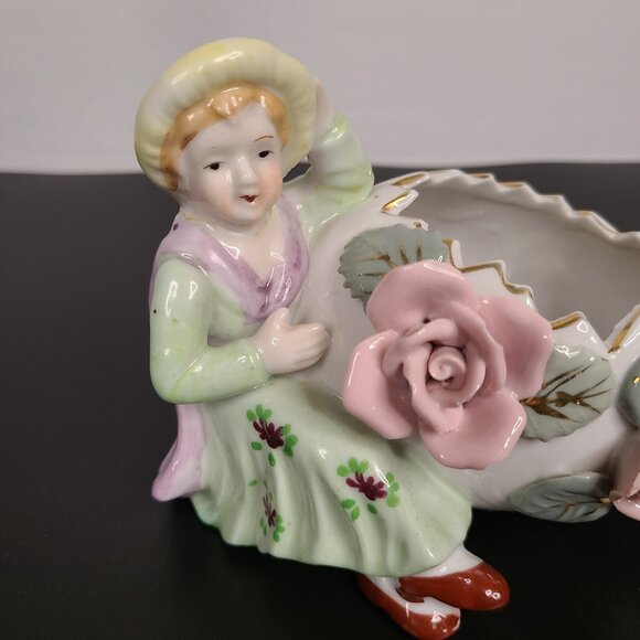 Vintage Ceramic Planter with large egg, girl, and applied pink flowers - Picture 2 of 7